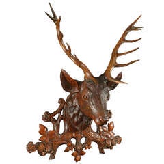 Antique Black Forest Stag Plaque with Oak Sprays