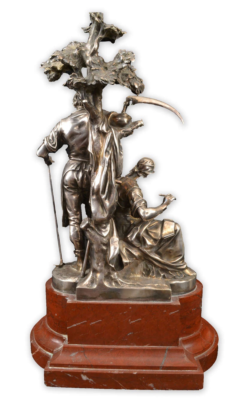 This multi-figural silvered bronze trophy by Isidore-Jules Bonheur (French, 1827-1901) was awarded to Baron Léo Barré for his advances agricultural development. It depicts the goddess Demeter carefully shaping the world as a harvester looks on. The