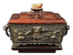 Chinese Wood Box with Bronze and Jade Carvings