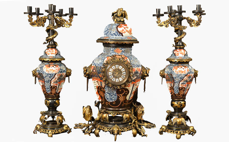 Japonisme French Ormolu-mounted Imari Garniture with Dragons & Clock