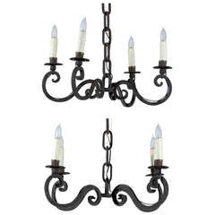 Pair of 1940s French Black Iron Four-Light Chandeliers with Scrolling Arms 12