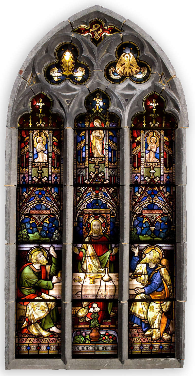 Made for a chapel in Ghent, Belgium, these mid-nineteenth-century stained-glass windows with hand-carved stone tracery surrounds feature key moments from the life of Jesus Christ, including the Nativity, the road to Golgotha, and the Supper at