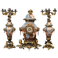 French Ormolu-mounted Imari Garniture with Dragons & Clock