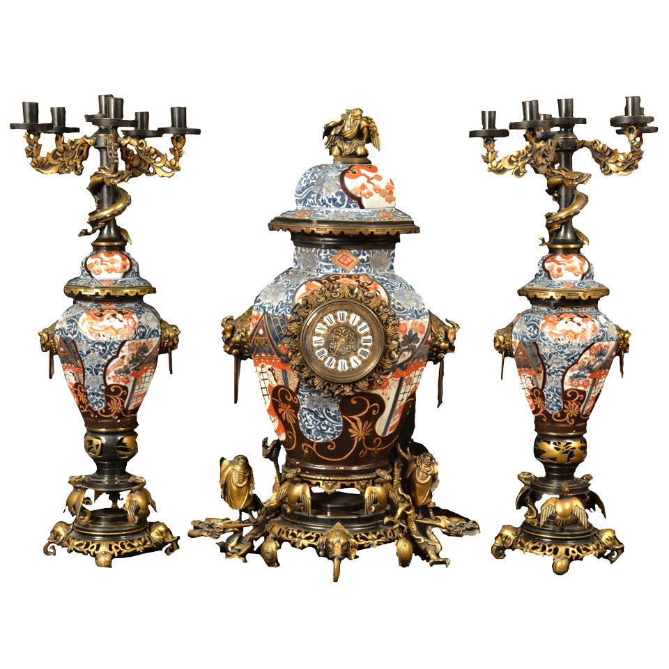 French Ormolu-mounted Imari Garniture with Dragons & Clock