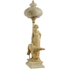 Belle Époque Italian Alabaster Lamp Featuring Woman and Hound 11