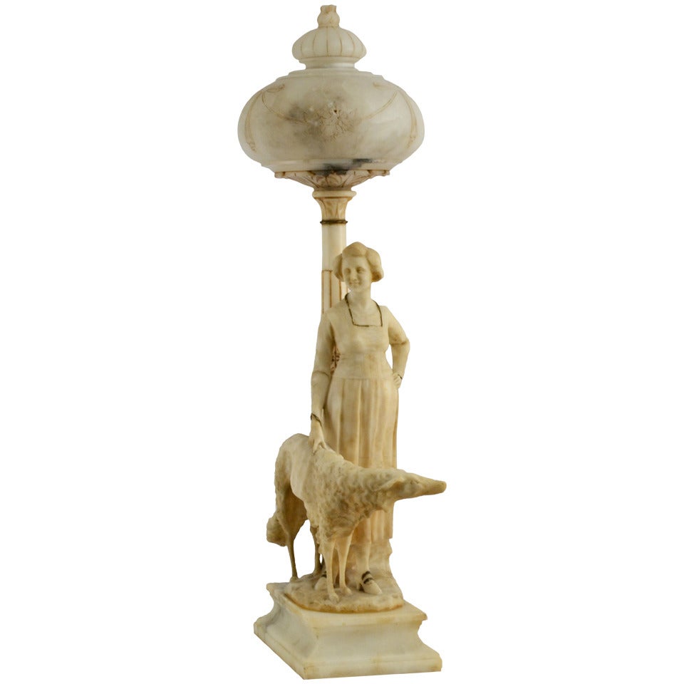 Belle Époque Italian Alabaster Lamp Featuring Woman and Hound