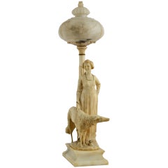 Belle Époque Italian Alabaster Lamp Featuring Woman and Hound