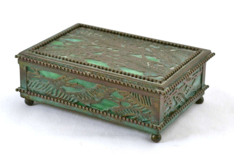 American Tiffany Bronze and Glass Grapevine Box