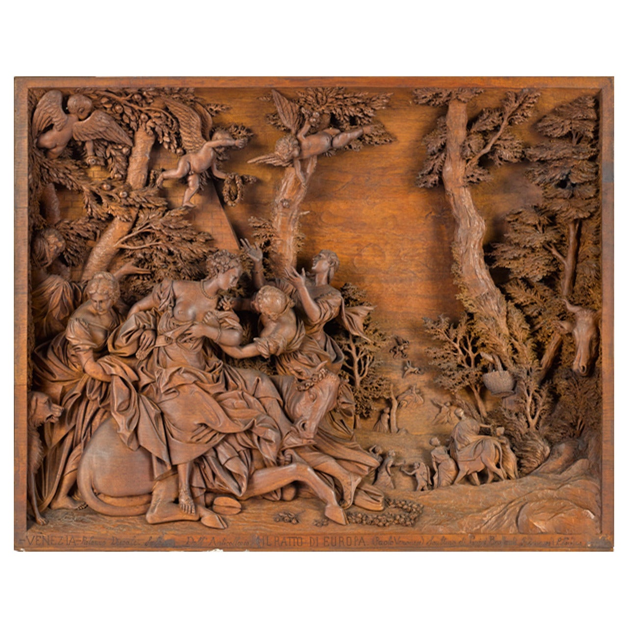 Virtuosic Full-Relief Mahogany Sculpture of "The Abduction of Europa"