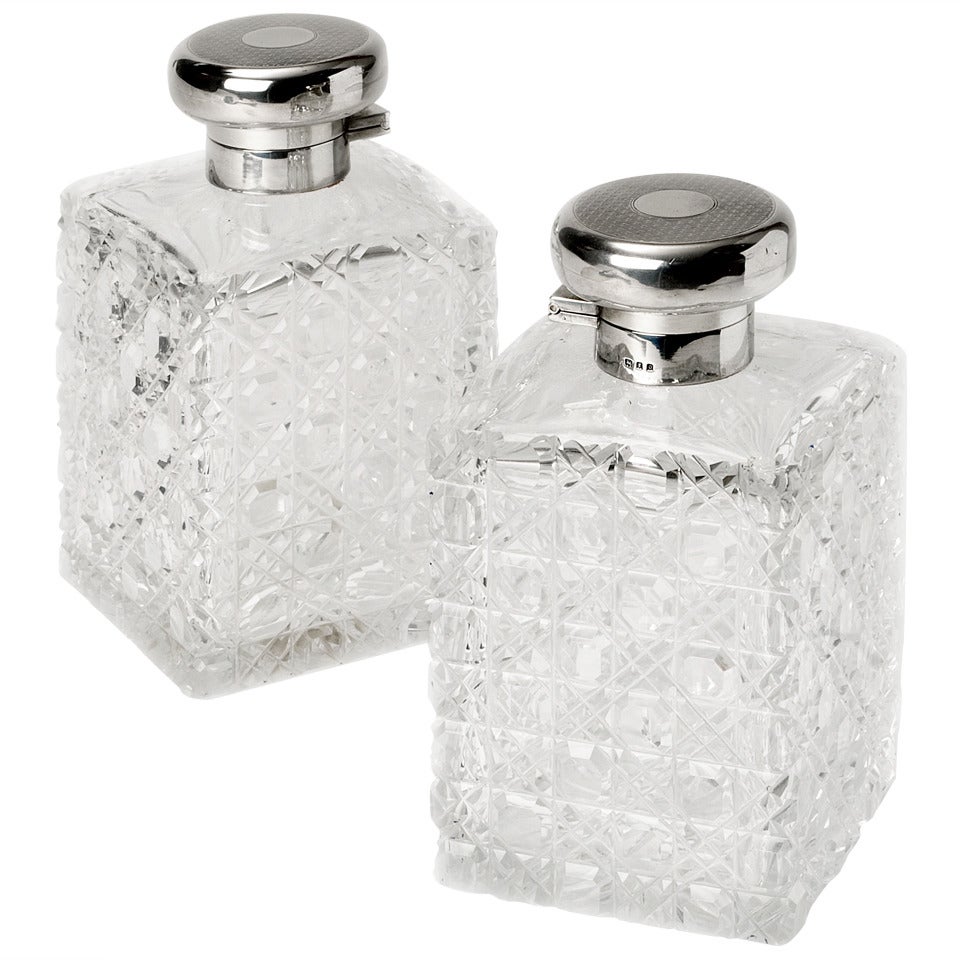 Pair of Square Silver and Glass Perfume Bottles