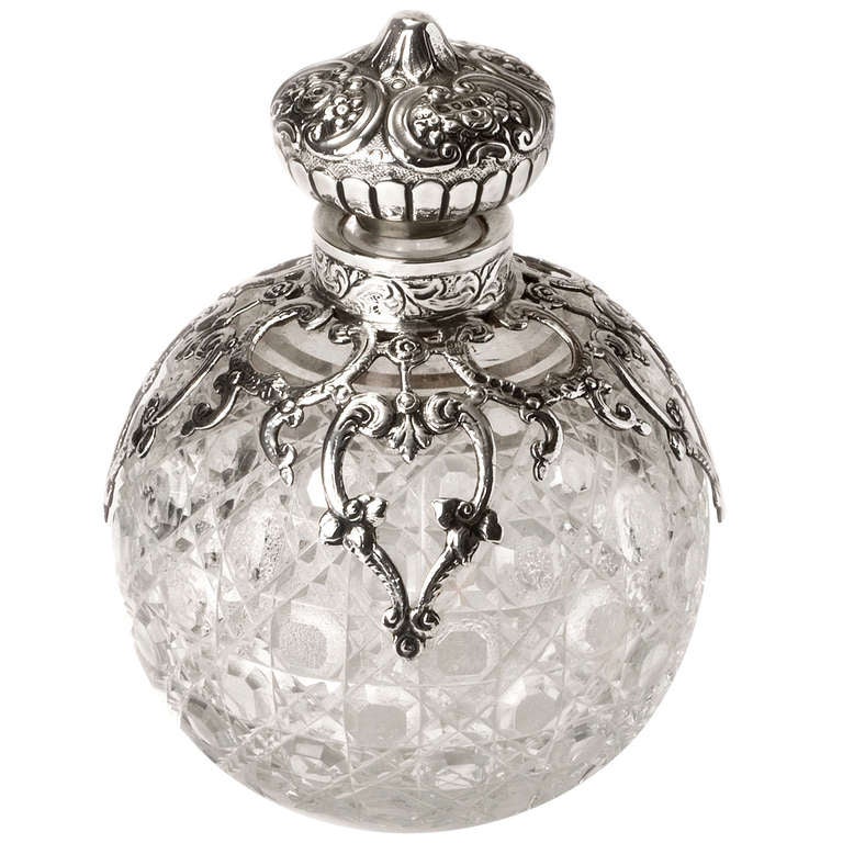 Circular Silver and Glass Perfume Bottle For Sale