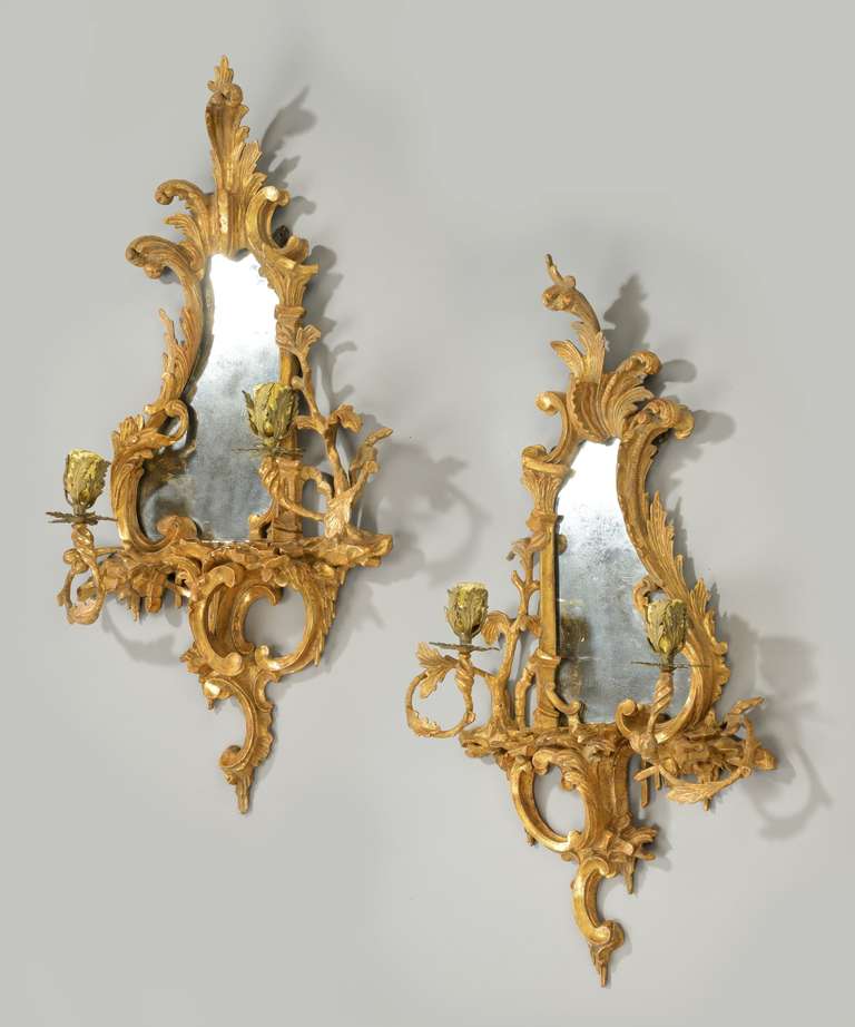 A pair of Chippendale revival giltwood girandole mirrors in the Rococo taste; the later mirror plate enclosed within a frame of C and S scrolls carved as acanthus leaves with dripping rocaille decoration. Each mirror with a pair of candle arms.