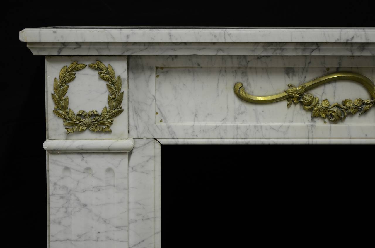 French 19th Century White Marble and Brass Louis XVI Fireplace Mantel