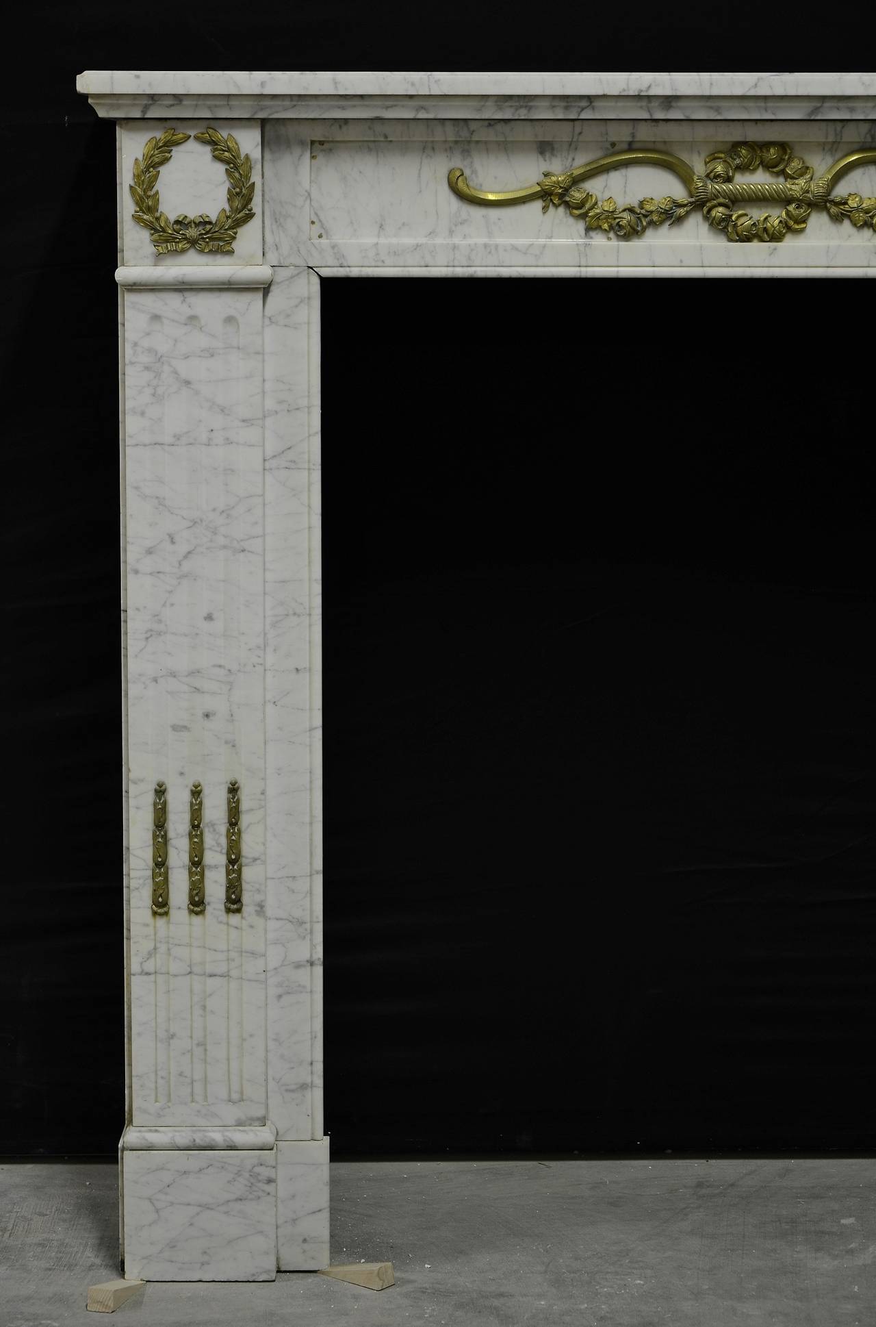 Carrara Marble 19th Century White Marble and Brass Louis XVI Fireplace Mantel