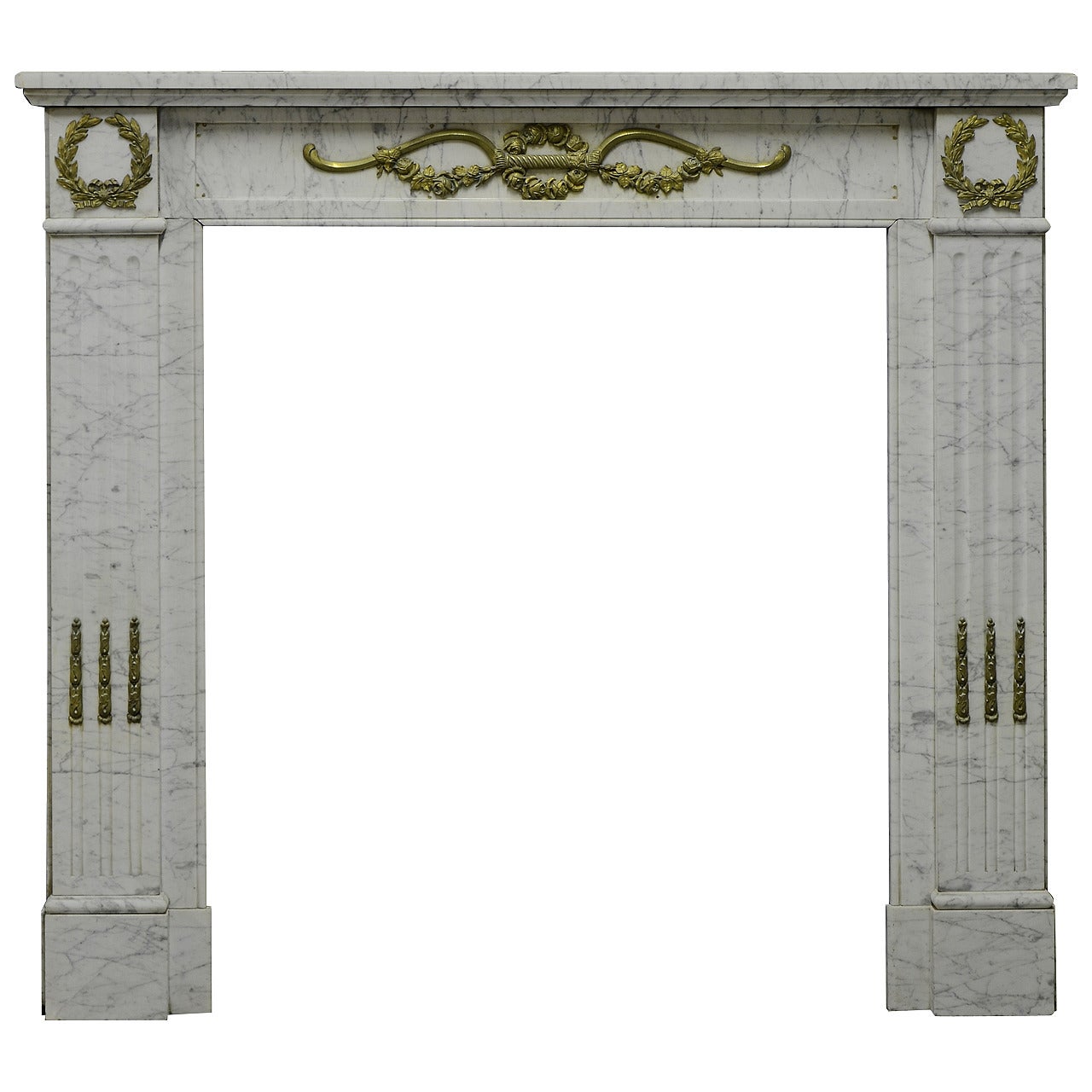 19th Century White Marble and Brass Louis XVI Fireplace Mantel