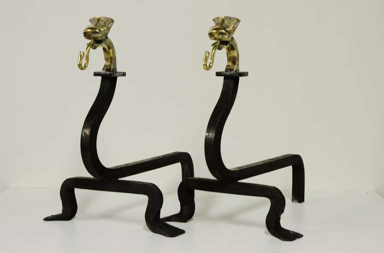 19th century brass and wrought iron andirons.