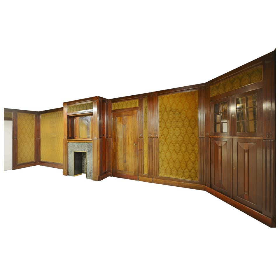 Wood Paneled Room with Trompe L'oeil Library Decoration, Late 20th ...