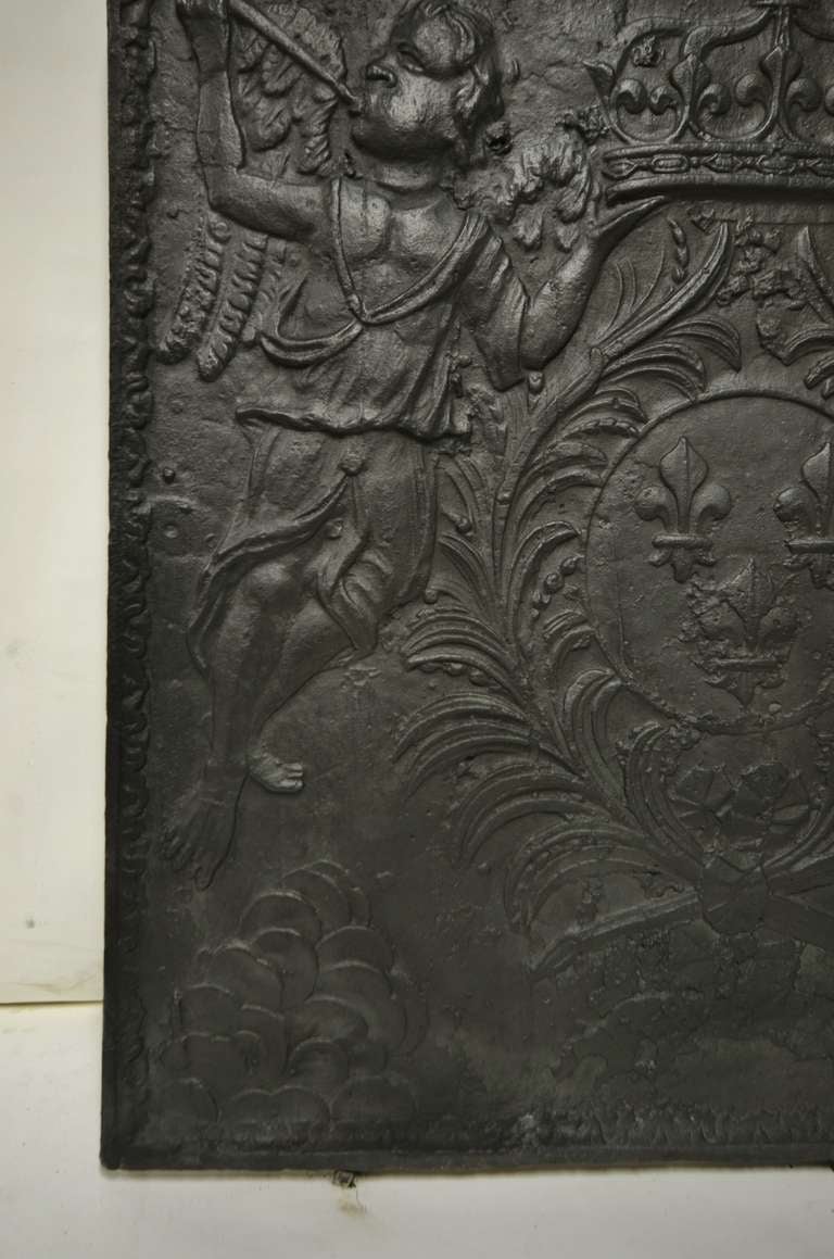 Iron 18th c. Fireback Displaying Coat Of Arms Of Chateau Of Versailles