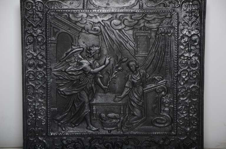 Iron 17th c. Antique Fireback Annunciation To The Blessed Virgin Mary