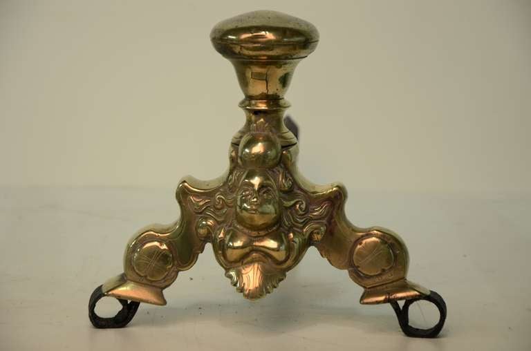 Renaissance Pair of Small Dutch Brass Andirons, 17th Century For Sale
