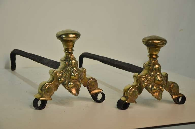 Pair of Small Dutch Brass Andirons, 17th Century For Sale 2