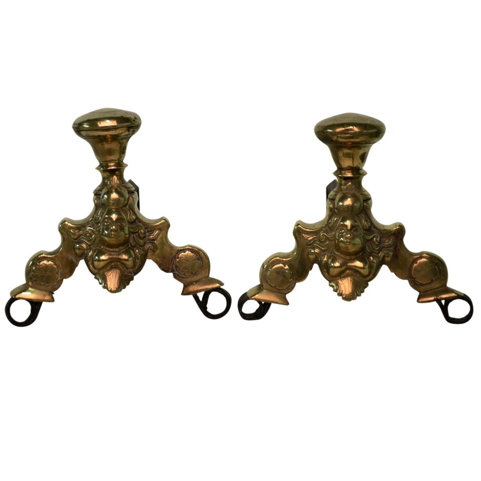 Pair of Small Dutch Brass Andirons, 17th Century For Sale
