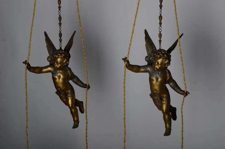 Copper 19th Century French Gilded Flying Putti Holding Flower Lamps