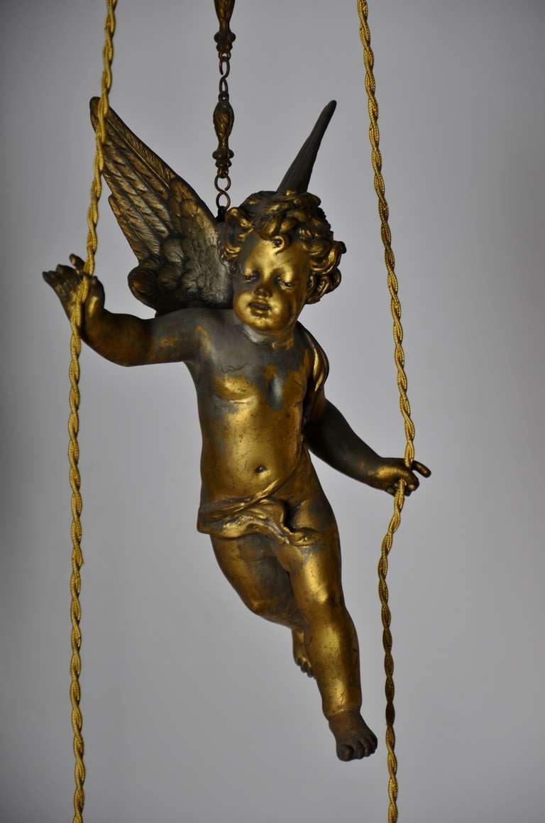 19th Century French Gilded Flying Putti Holding Flower Lamps 1
