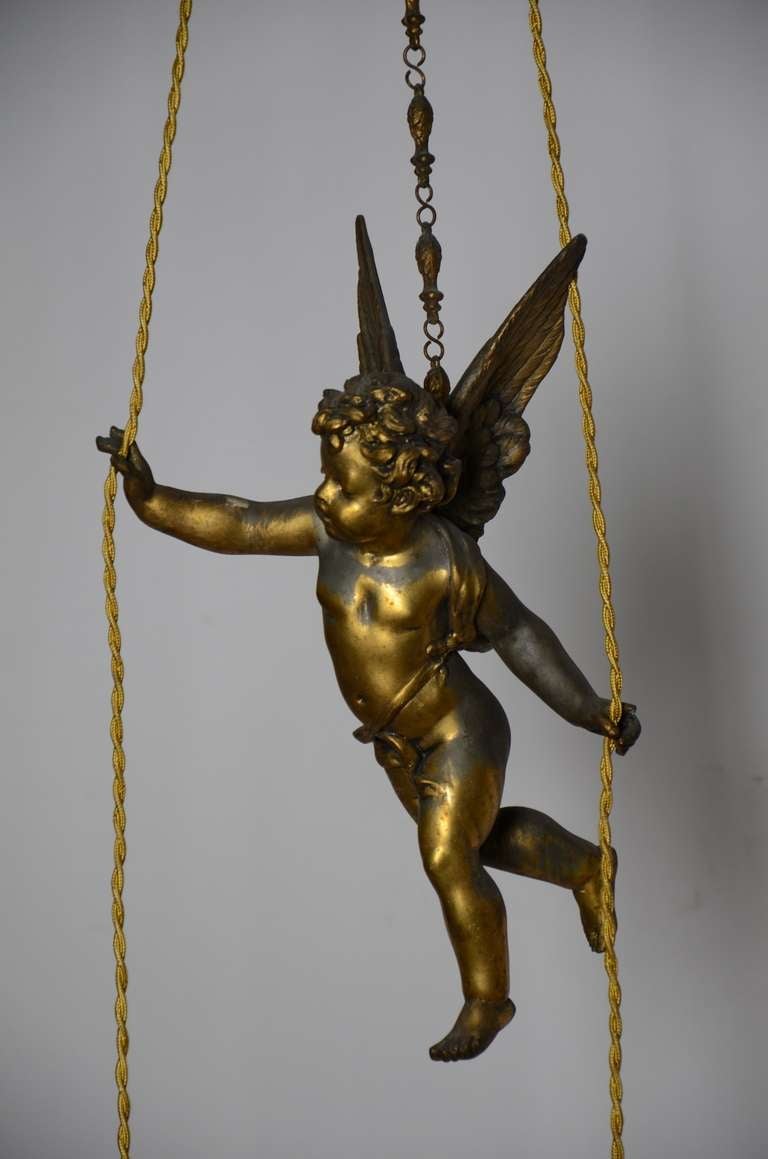 19th Century French Gilded Flying Putti Holding Flower Lamps 2