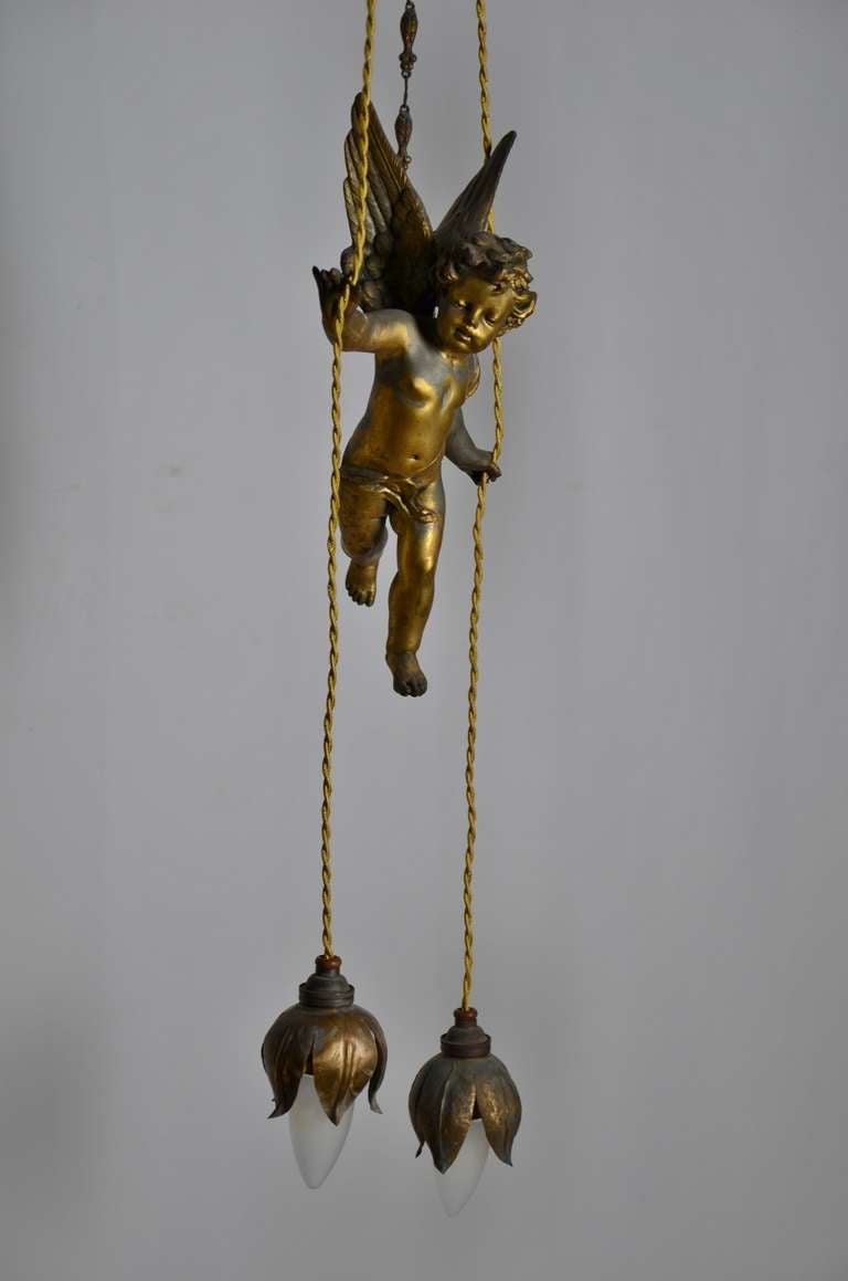 19th Century French Gilded Flying Putti Holding Flower Lamps 5
