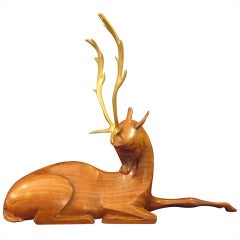 Wood and Bronze Lying Deer Sculpture by Karl Hagenauer