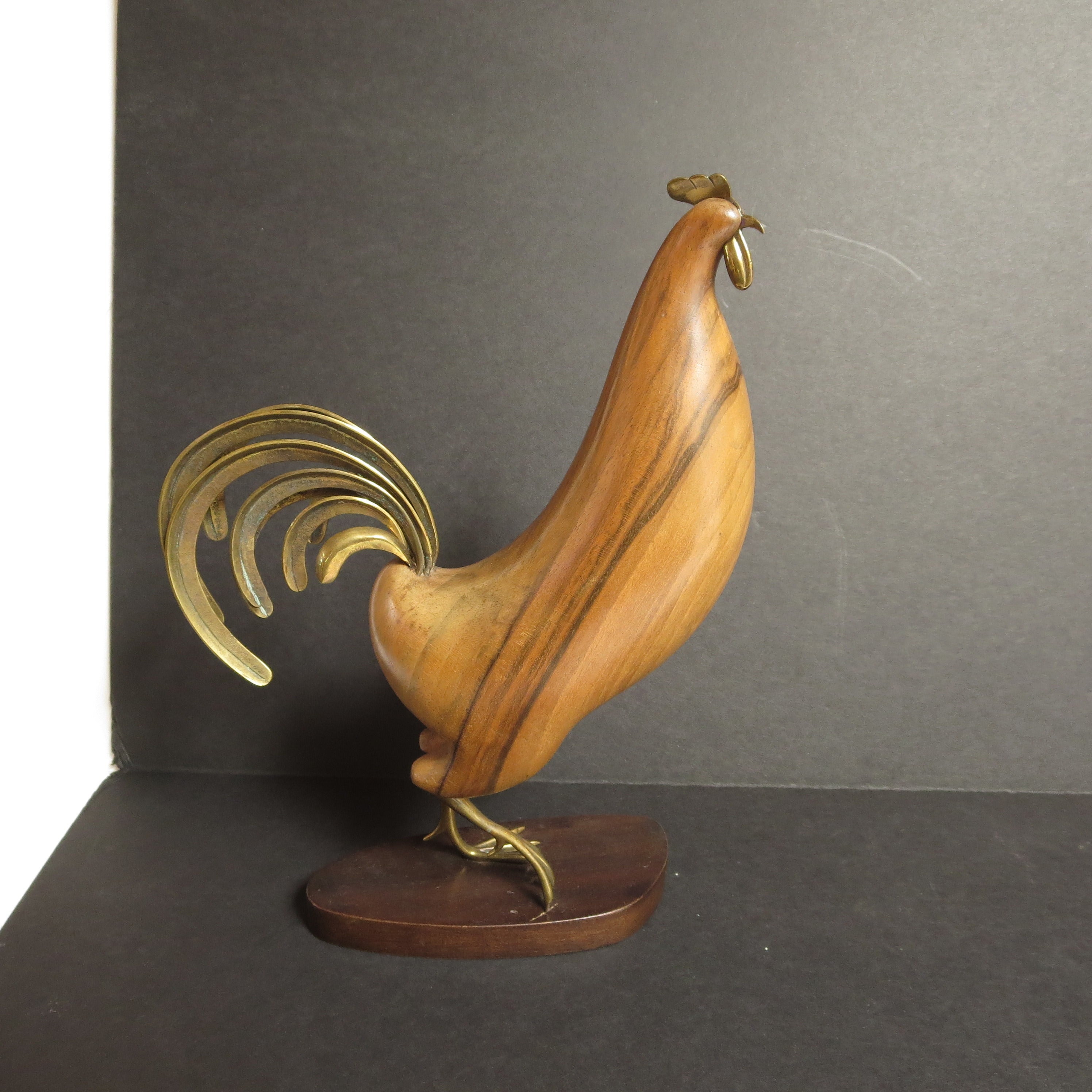 Bronze and Wood Rooster Sculpture by Karl Hagenauer