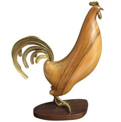 Bronze and Wood Rooster Sculpture by Karl Hagenauer