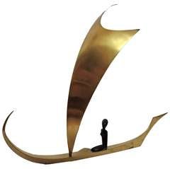 Bronze and Wood Single Sail Boat Sculpture by Karl Hagenauer