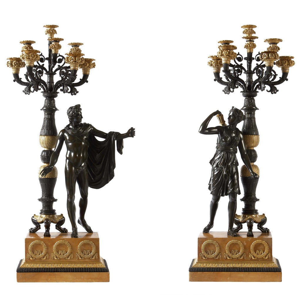 Large Pair of Bronze Candelabra, French Empire, circa 1820 G. Versace Collection For Sale