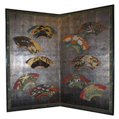 Japanese Two Fold Screen with Fans on Silver Leaf