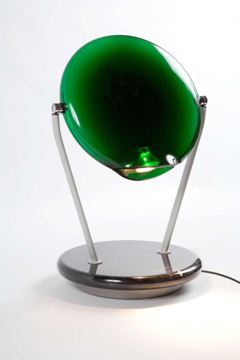 Halogen table lamp |  Black marble base | Painted metal stems| Clear deep green Murano glass shade.