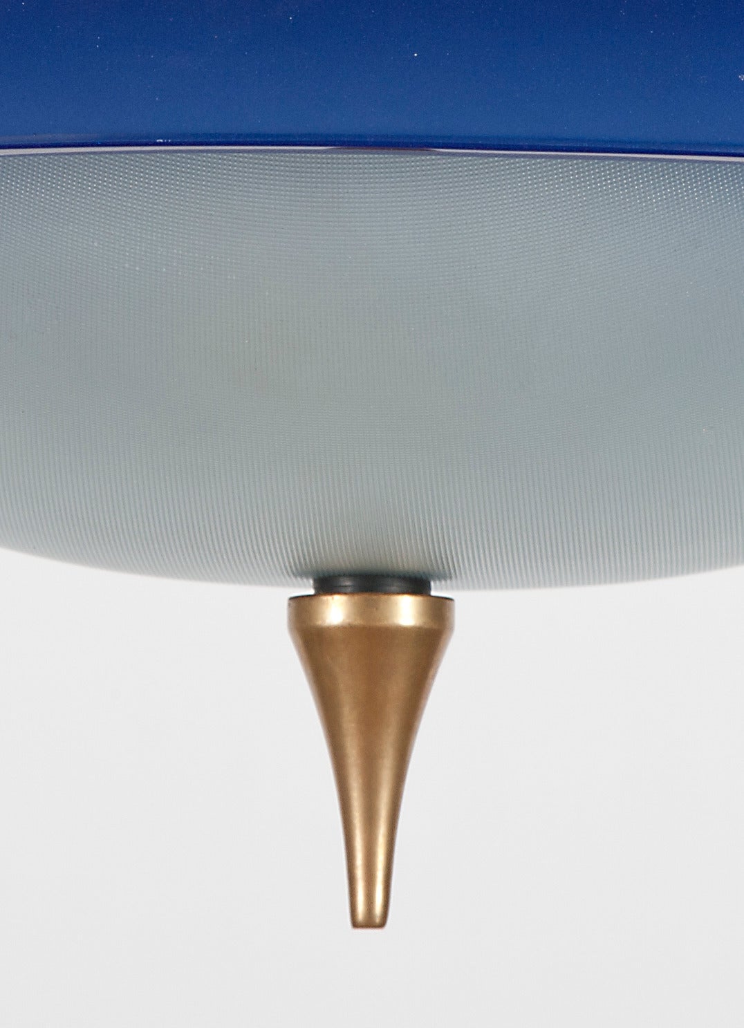 1950s plafoniere with two curved glass elements, white metal structure, brass finial.