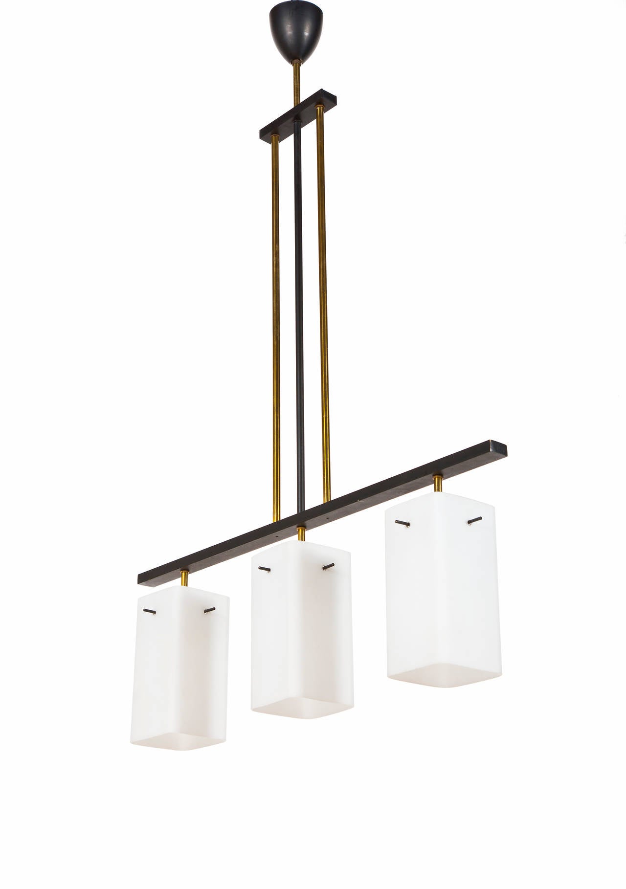Suspension light with three glass opaline shades suspended on a structure in brass and black painted metal. Measurements of glass shades: Height  cm 20 - Width cm 10