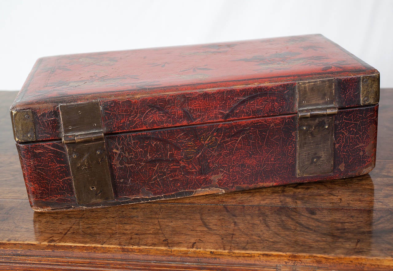 Chinese Ming Dynasty Scholar's Red Lacquer Leather Document Box For Sale 1