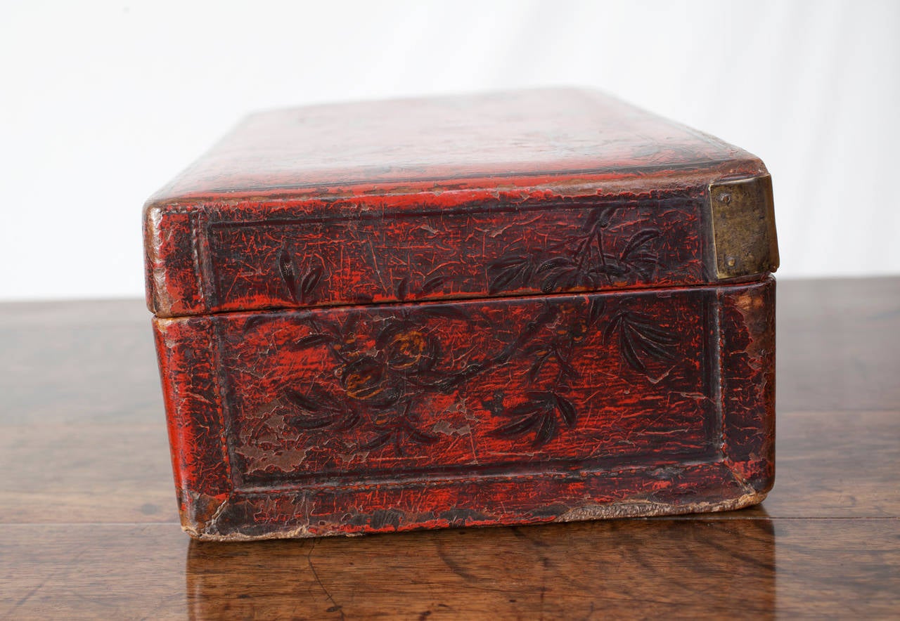 Chinese Ming Dynasty Scholar's Red Lacquer Leather Document Box For Sale 3