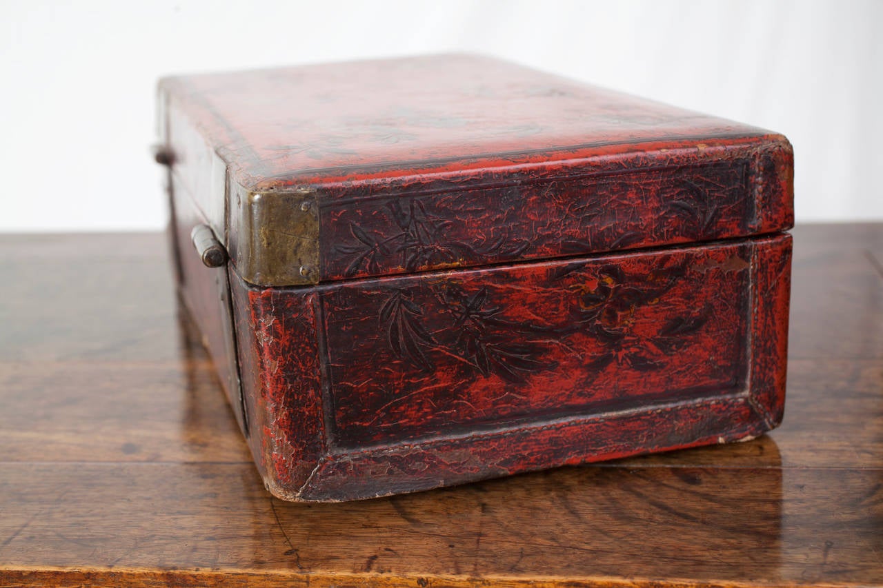 Chinese Ming Dynasty Scholar's Red Lacquer Leather Document Box For Sale 4