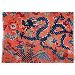 Charming Antique Tibetan Dragon And Phoenix Sitting Rug