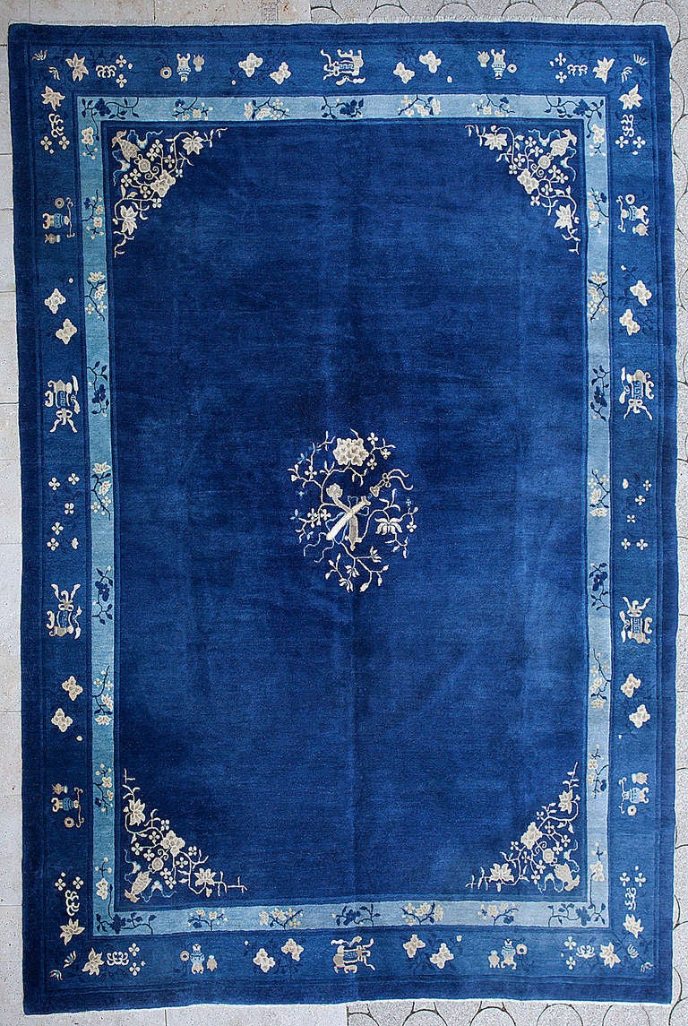 Excellent Condition Antique Chinese Indigo Art Deco Peking Beijing Area Rug