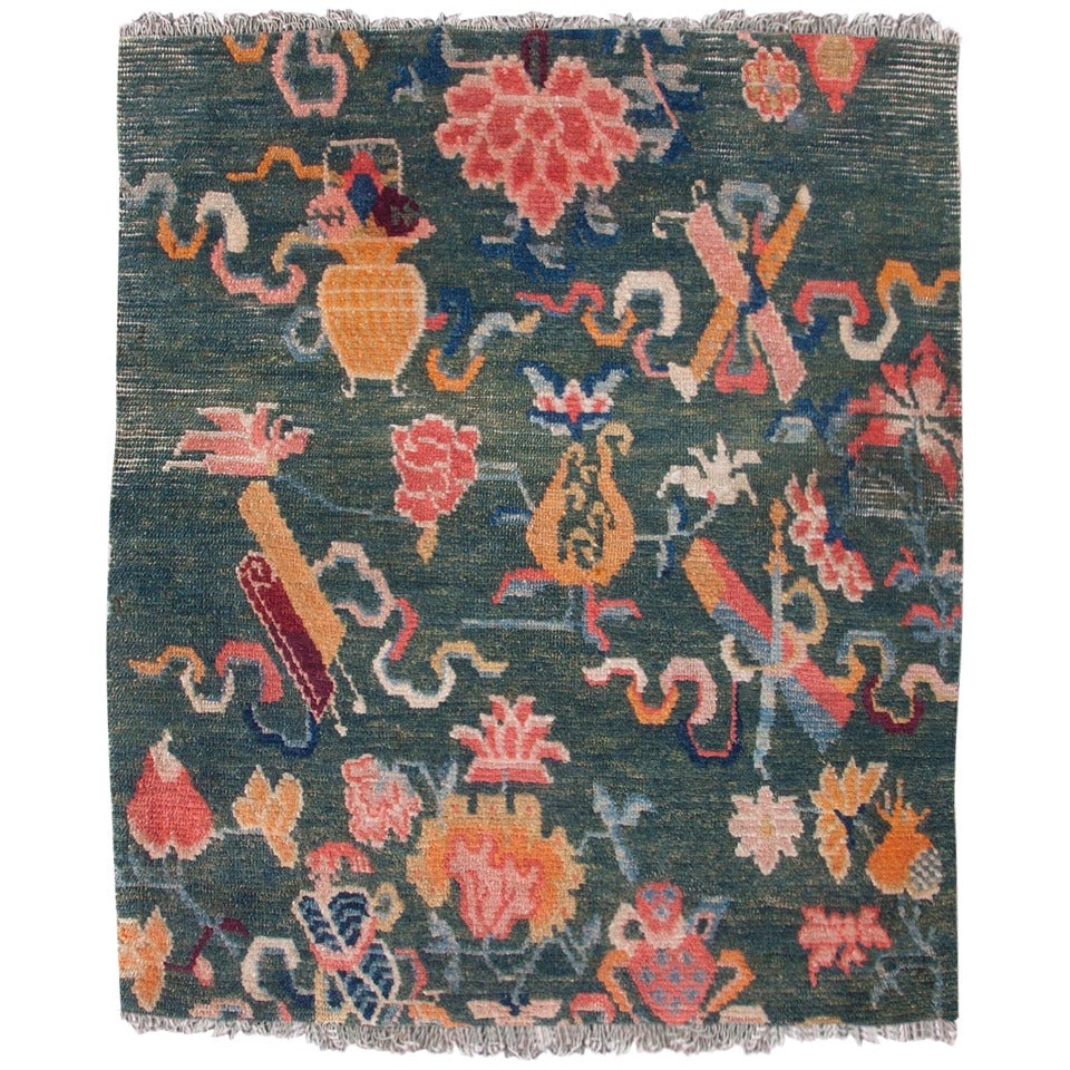 Antique Green Tibetan Mat with Buddhist Symbols and Flowers Rug For Sale