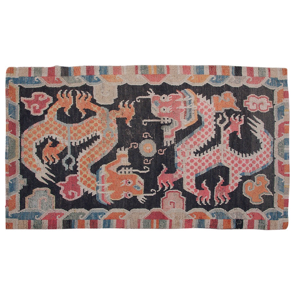 Antique Tibetan Double Dragon Khaden Rug with Unusual Colours