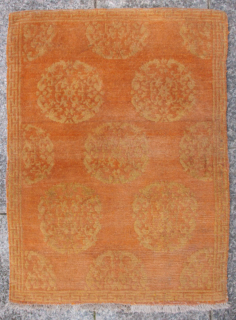 Charming Vintage Orange Yellow Tibetan Medallion Sitting Rug