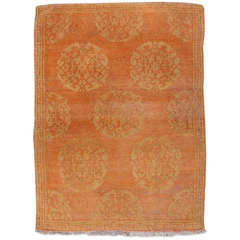 Charming Vintage Orange Yellow Tibetan Medallion Sitting Rug