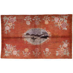 Unusual Antique Chinese Kang Rug with Landscape Medallion
