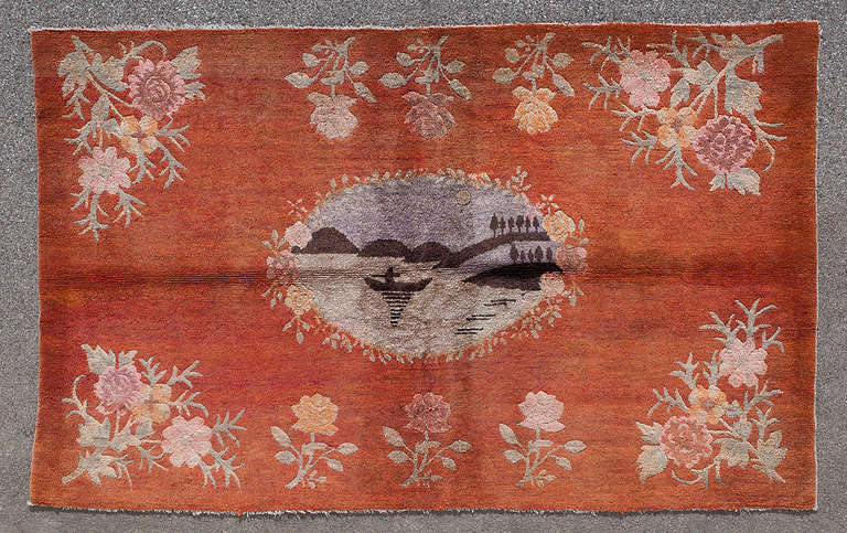 Unusual Antique Chinese Kang Rug with Landscape Medallion